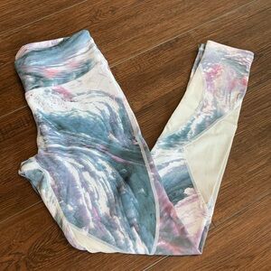 White watercolor leggings with mesh cutouts